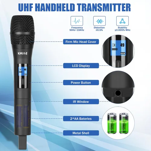 Vista 3 de Kmise Sistema de micrófono inalámbrico, micrófonos inalámbricos duales, escaneo automático y par de infrarrojos, frecuencias ajustables UHF de 2 x