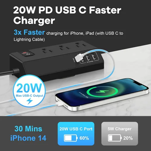 Vista 3 de Regleta de alimentación con abrazadera de escritorio de 3 salidas con 4 puertos USB, protector de sobretensiones de montaje en borde de escritorio