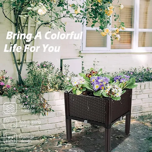 Vista 4 de Macetas elevadas de plástico para cama de jardín elevada con patas para plantas al aire libre, kits de caja con agujeros de drenaje para patio