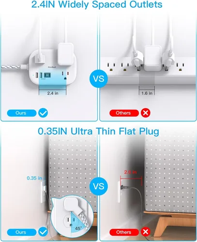 Vista 4 de One Beat Cruise Ship Essentials, regleta de alimentación de viaje con USB C, cable de extensión de enchufe plano con 3 tomas, 4 puertos USB