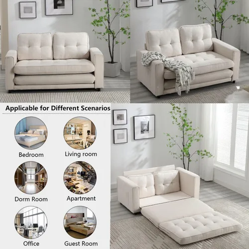 Vista 7 de Sofá cama futón, sofá futón plegable convertible, sofá pequeño transpirable, sofá reclinable ajustable para estudio compacto en sala de estar y Beige