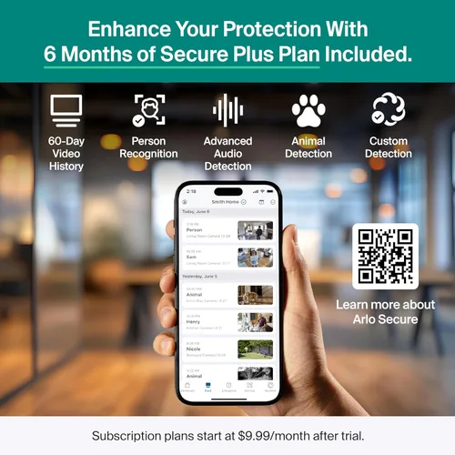 Vista 4 de Arlo Essential - Cámara de seguridad para interiores con inclinación panorámica 2K (versión 2025) + 6 meses de plan Secure Plus, alimentación