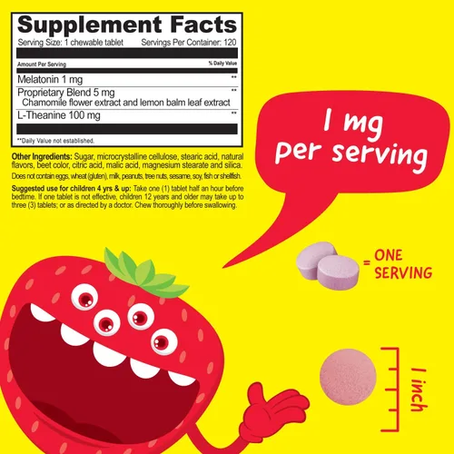 Vista 2 de Tabletas masticables de melatonina de 1 mg con L teanina, manzanilla y extracto de bálsamo de limón, sabor natural a bayas, para ayudar a conciliar