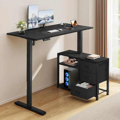 Vista 8 de Escritorio eléctrico en forma de L de 47 pulgadas con 3 cajones, mesa de computadora de almacenamiento, altura ajustable con tomas de corriente, 4