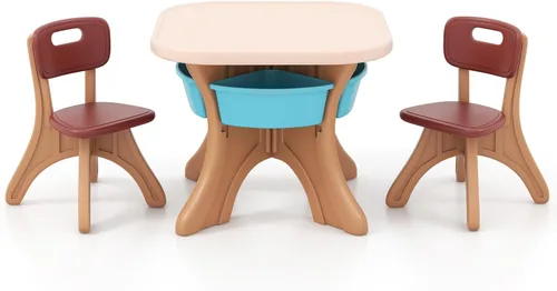 DORTALA Juego de mesa y silla para niños, mesa de actividades de plástico para niños y 2 sillas con cubos de almacenamiento, mesa y sillas para