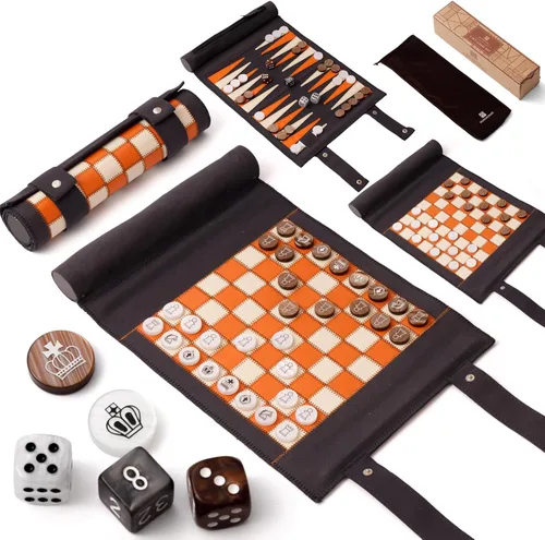 Vista 9 de Woodronic Juego de damas de backgammon de ajedrez de viaje 3 en 1, juego de backgammon de cuero enrollable con 32 piezas de perlas premium y 5