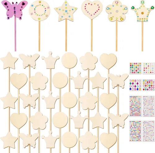 Vista 8 de Pllieay El kit de varitas de hadas de princesa incluye 18 piezas de 6 estilos de varita de princesa de madera sin terminar, coronas de papel dorado