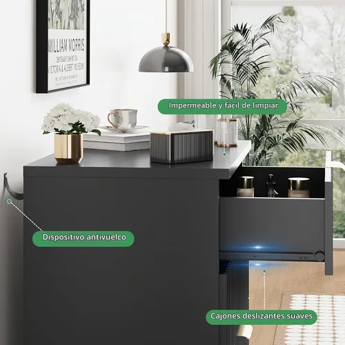 Vista 5 de Cómoda acanalada para dormitorio con 3 cajones, cómoda moderna de 24 pulgadas de ancho con mango de metal, soporte de TV de madera, armario de Negro