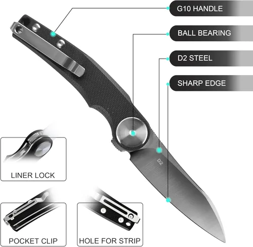 Vista 2 de Cuchillos tácticos para hombres - Cuchillo de bolsillo plegable EDC, hoja de acero D2 de 3.2 pulgadas, mango G10 con clip de bolsillo reversible