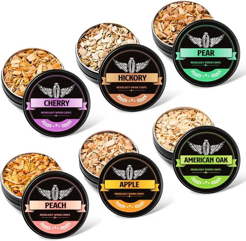 INSISART Whiskey Smoker Wood Chips, 6 Flavors Apple Cherry Oak Pear Peach Hickory, Natural Chips for Cocktails, Old Fashioned, Bourbon, Drinks,