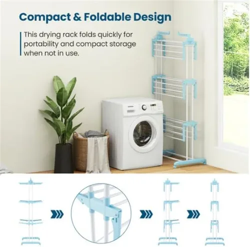Vista 7 de Blue 4-Tier Foldable Clothes Drying Rack with Wheels, Heavy Duty Metal Laundry Hanger Stand for Indoor Outdoor Use