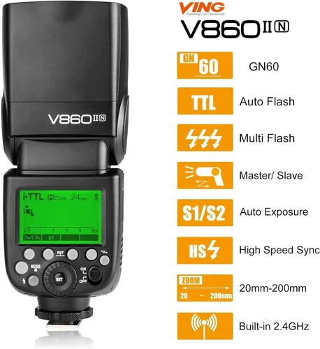 Vista 2 de Godox V860II-N Flash para Nikon, 2.4G Speedlight inalámbrico TTL GN60 Flash externo Speedlite para Nikon 1/8000S HSS, batería recargable de iones