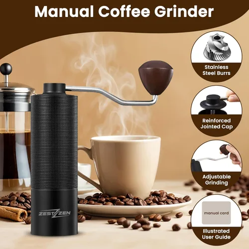 Vista 6 de Molinillo de café manual con rebaba cónica de precisión, molinillo de café manual ajustable con rodamientos dobles, molinillo de café portátil