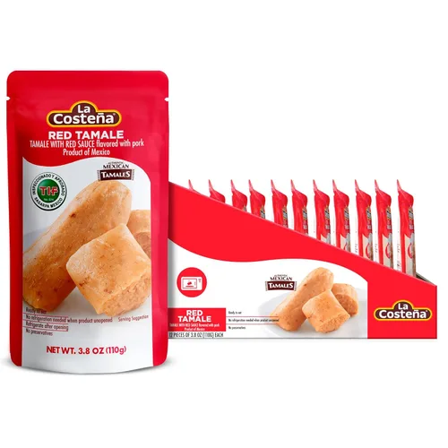 La Costeña Tamales rojos – Hecho con cerdo, salsa roja y harina de maíz Masa – Comidas listas para comer en microondas sin refrigeración – Comidas