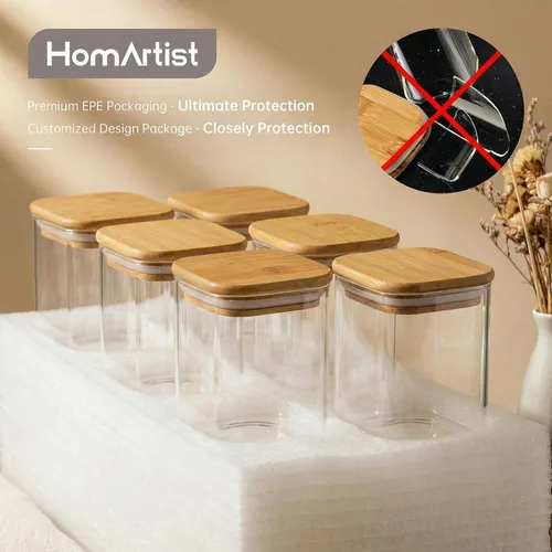 Vista 7 de Tamaño múltiple - Juego de 5 frascos cuadrados de vidrio con tapas de bambú, recipientes de vidrio para almacenamiento de alimentos con tapas