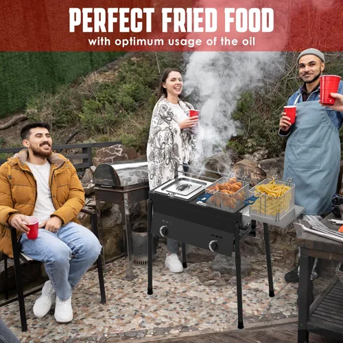 Vista 6 de Freidora de propano de doble tanque, grado comercial, de alta capacidad, con características de seguridad, ideal para catering y eventos al aire