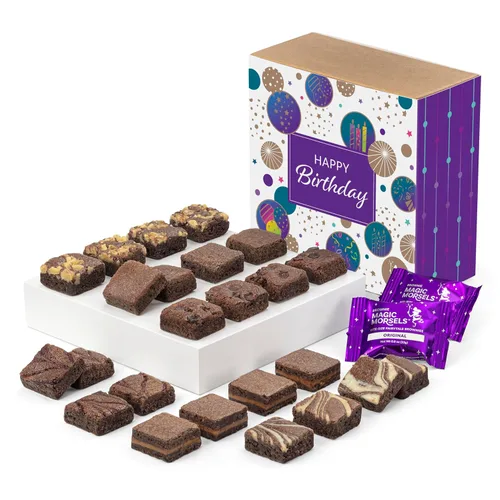 Fairytale Brownies Birthday Magic Morsel 24 - Cesta de regalo de comida de chocolate gourmet envuelta individualmente, brownies de 1.5 x 1.5