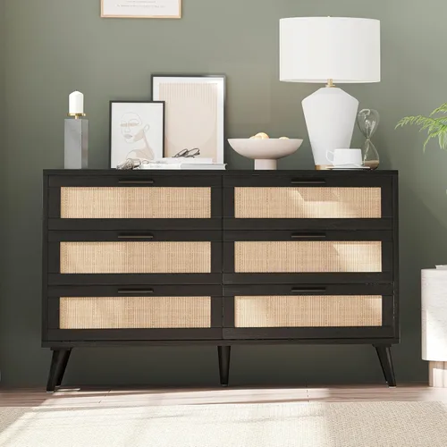 Rovaurx Cómoda doble de 6 cajones para dormitorio, cómoda de ratán, cómoda de madera moderna con asas doradas, mesa auxiliar para armario, sala de