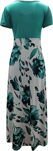 Vista 4 de NIUQI Vestido largo con estampado floral para mujer, cintura imperio, cuello redondo, patchwork, estampado