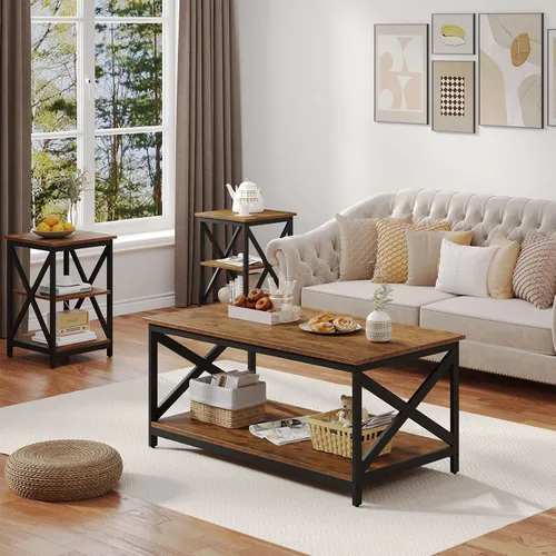 Vista 6 de Bigbiglife Juego de 3 mesas de centro para sala de estar, mesa auxiliar industrial de diseño X y 2 mesas auxiliares, juego de mesa de sala de estar