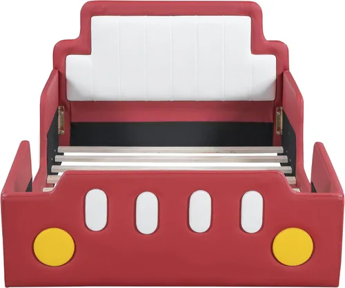 Vista 14 de Cama de plataforma en forma de auto de carreras de tamaño individual con ruedas, marco de cama de plataforma de madera con dos asientos y soporte