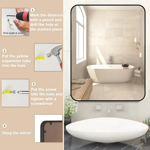 Vista 3 de Espejo de pared rectangular con marco de metal negro de 30 x 40 pulgadas, espejo rectangular grande y redondeado, antioxidante, se cuelga horizontal