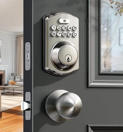 Vista 11 de Veise Cerradura de puerta de entrada sin llave con 2 perillas, cerrojo electrónico retroiluminado con asa, bloqueo automático, códigos únicos