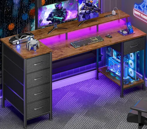Vista 12 de Korfile - Escritorio para computadora de 47 pulgadas con 5 cajones de almacenamiento de tela, escritorio para juegos con tomas de corriente y luces