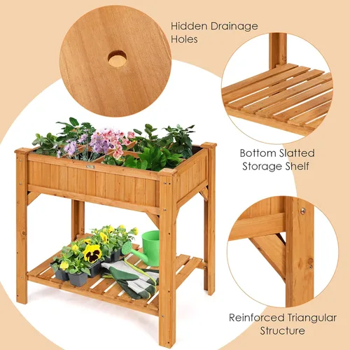 Vista 4 de Giantex Cama de jardín elevada, kit de maceta elevada con 8 rejillas y forro para hierbas, verduras, flores, contenedor de madera de abeto macizo al