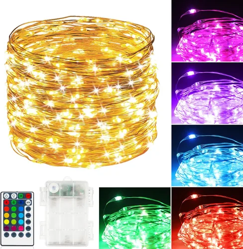 Guirnalda de luces LED a pilas, 39 pies, 120 luces LED que cambian de color con control remoto, funciona con pilas, alambre de cobre impermeable,