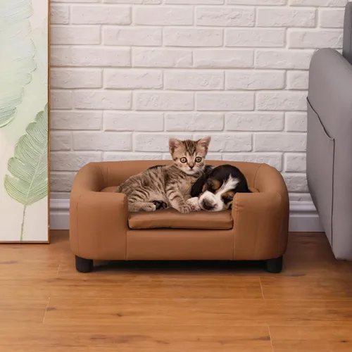 Vista 2 de Sofá moderno para mascotas de 25 pulgadas con tela resistente a los arañazos de PU y patas ajustables, sofá elevado para perros pequeños y medianos