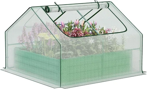 Aoodor Kit de invernadero elevado de 4 x 4 x 1 pies, cama de metal elevada con 2 puertas enrollables con cremallera, para verduras, hierbas y flores