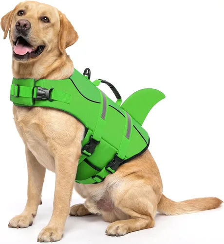 Vista 25 de Queenmore - Chaleco salvavidas para perros pequeños, medianos, grandes, estilo pescado, chaleco flotante con mango de goma suave ajustable, M