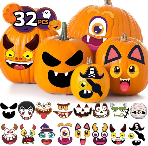Jack O Lantern Stickers - 32 calcomanías faciales para kit de decoración de calabaza