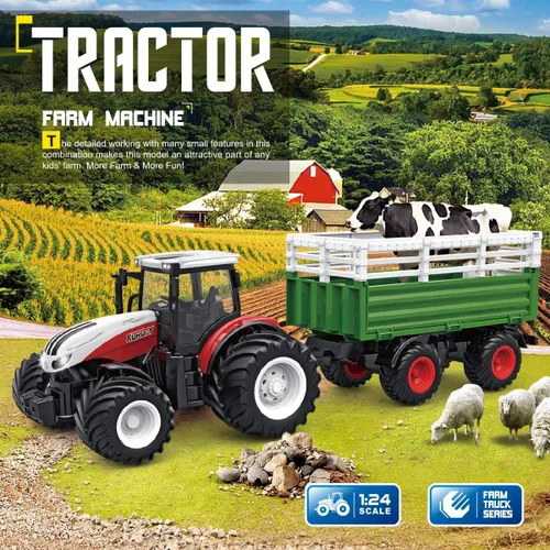 Vista 2 de fisca Juego de tractor de juguete a control remoto con carretilla elevadora delantera de remolque, escala 1/24, 2.4Ghz, camión de granja