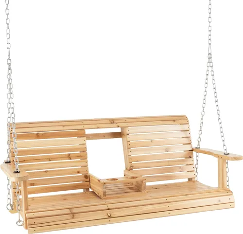 Giantex Columpio colgante para porche al aire libre – Banco de columpio de madera de 2 asientos con portavasos plegable y cadenas colgantes de metal