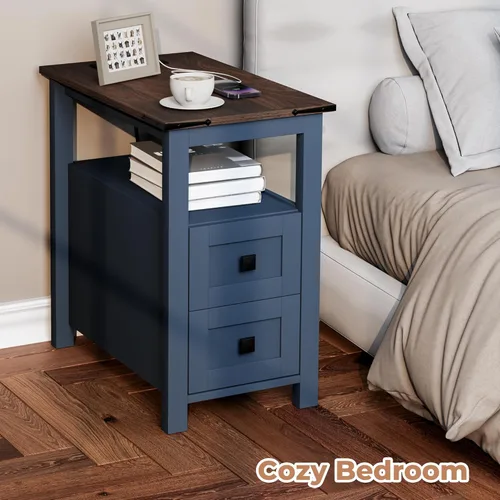 Vista 3 de VVFLU Farmhouse End Table with Charging Station and 2 Storage Drawers, Blue Wood Nightstand Narrow, Skinny Side Table Rustic, Slim Bedside Table
