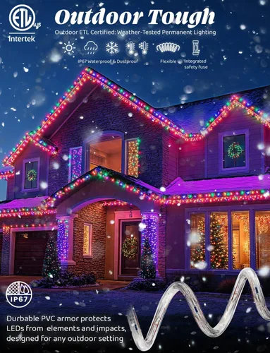 Vista 3 de Cuerda de luz LED colorida de 108 luces LED de 10 pies con 8 modos de 12 pulgada de grosor, controlador conectable al aire libre, permanente