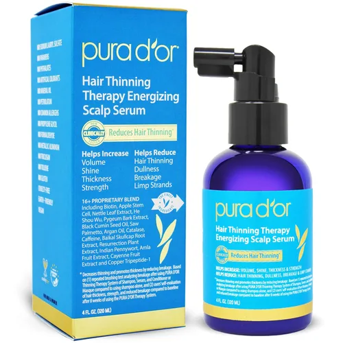 PURA D'OR Suero Energizante para el Cuero Cabelludo para Terapia de Cabello Ralo 4 oz con Tripéptido de Cobre, Biotina, Cafeína, Células Madre