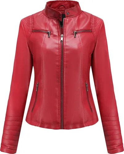 Womens Red Sheepskin Cafe Racer Jacket - Quilted Sleeves, Slim Fit, Classic Biker Style