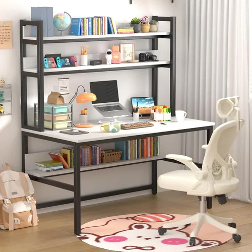 Aquzee Escritorio para Computadora, Mesa de Juegos de Fácil Montaje con Estante Superior y Repisas, Escritorio de 4 Niveles con Gran Superficie de