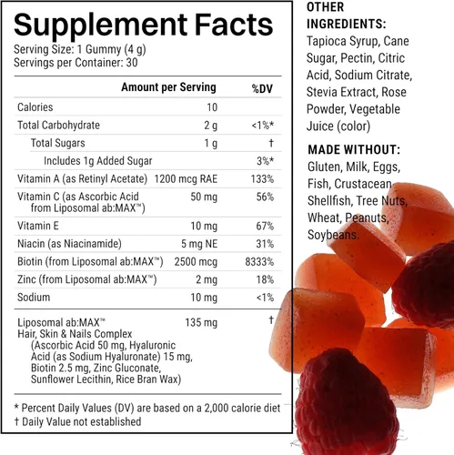 Vista 3 de Haroutine Gomitas liposomales para cabello, piel y uñas, 2500 mcg de biotina liposomal, 1200 mcg de vitamina A, 2 mg de vitamina E, cabello