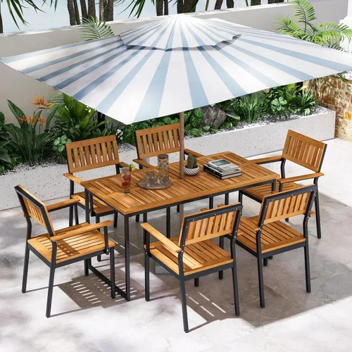 Vista 8 de Tangkula Juego de comedor al aire libre de 7 piezas para 6, mesa de comedor rectangular de madera de acacia y 6 sillones con marco de metal, agujero