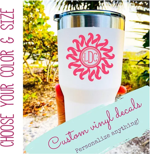Vista 2 de WickedGoodz Custom Monogram Sun Decal - Personalized Initial Sticker - for Tumblers, Laptops, Car Windows