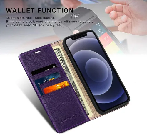 Vista 4 de Belemay Funda compatible con iPhone 15 Pro Max, piel auténtica, tarjetero con bloqueo RFID, carcasa de poliuretano termoplástico a prueba de golpes