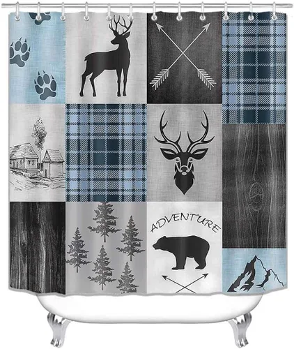 Vista 21 de Camille&Andrew - Juego de 4 cortinas de ducha de tela de ciervo rústico negro, alce, alce, pino, luna, casa de campo, panel rústico, tablero