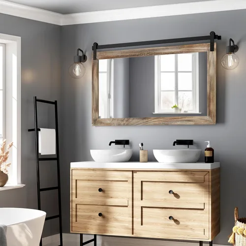 Vista 59 de COGOOD - Espejo de puerta de granja estilo granero - 41" x 26" Espejo de pared con marco de madera rústica para baño, sala de estar, decoración