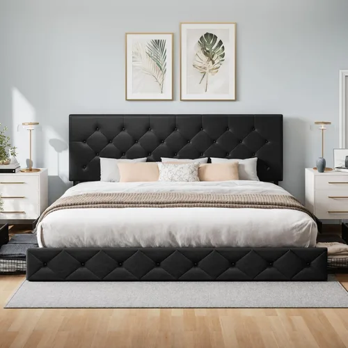 Vista 20 de WEEWAY Base de cama de plataforma de tamaño matrimonial con 4 cajones de almacenamiento, cabecera capitonada con botones de costura de diamante