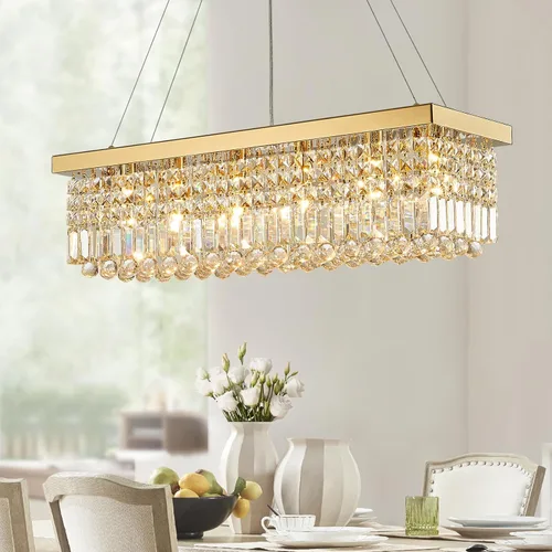 Siljoy Candelabro de Cristal Moderno de 6 Luces Rectangular Dorado K9 Candelabro de Cristal en Forma de Gota de Lluvia para Comedor, Lámpara de One Lighting