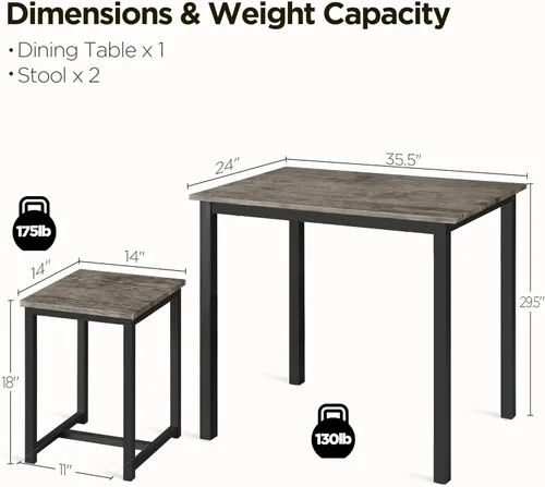 Vista 12 de Yaheetech Juego de mesa de comedor de 3 piezas, juegos de mesa y sillas de cocina para 2 personas, mesa compacta con 2 taburetes y diseño de ahorro